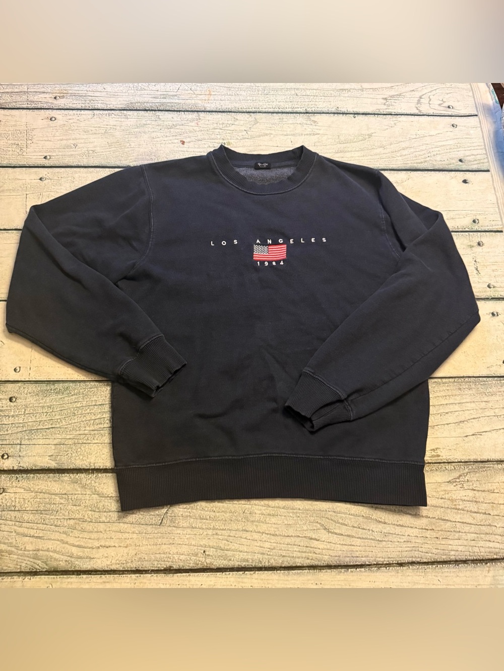 John Galt worn navy blue with embroidered USA flag crew neck sweatshirt. S